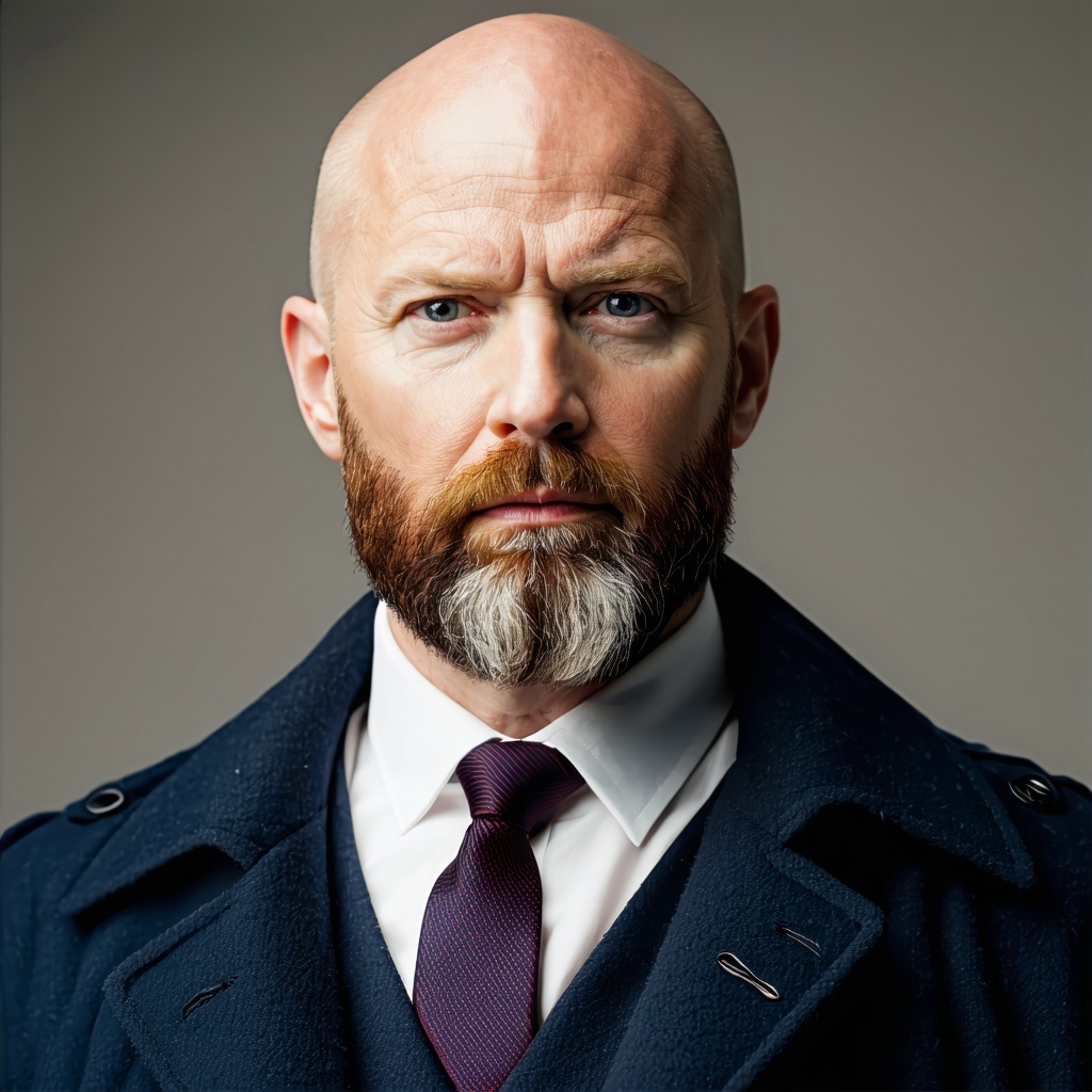 Bald team member with beard coat and tie looks president-1